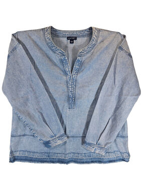 Pure Jill Denim Chambray Top M Split Neck Long Sleeve Blue Casual Shirt